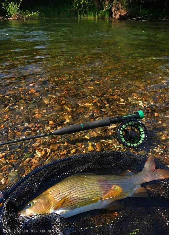 A grayling resting in the landing net among fallen leaves