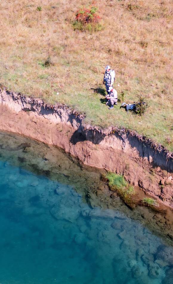 An aerial view of anglers on the Ljuča