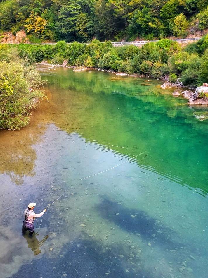 Fly fishing the turquoise Tara from above
